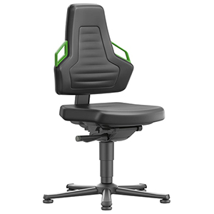 Arbeitsstuhl, Arbeitsdrehstuhl mit autom. Gewichtregulierung, Sitz Kunstleder schwarz, Griffe grün, Gleiter, Sitz Höhe 450-600 mm