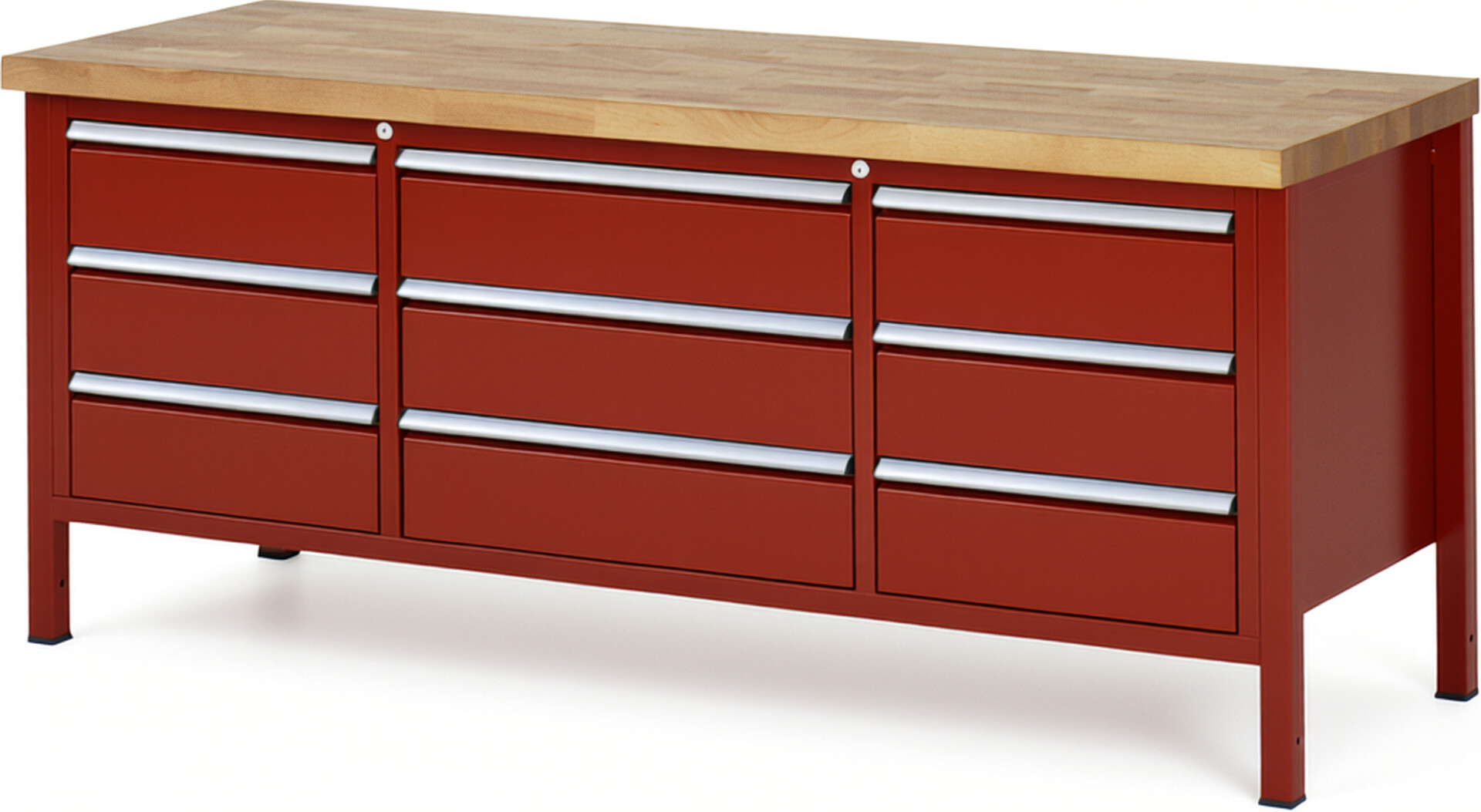Werkbank Modell 8754 rot, BxTxH 2000x700x840 mm,  Buche-Massiv Arbeitsplatte 40 mm,  9 Schubladen mit  Auszug 90 %