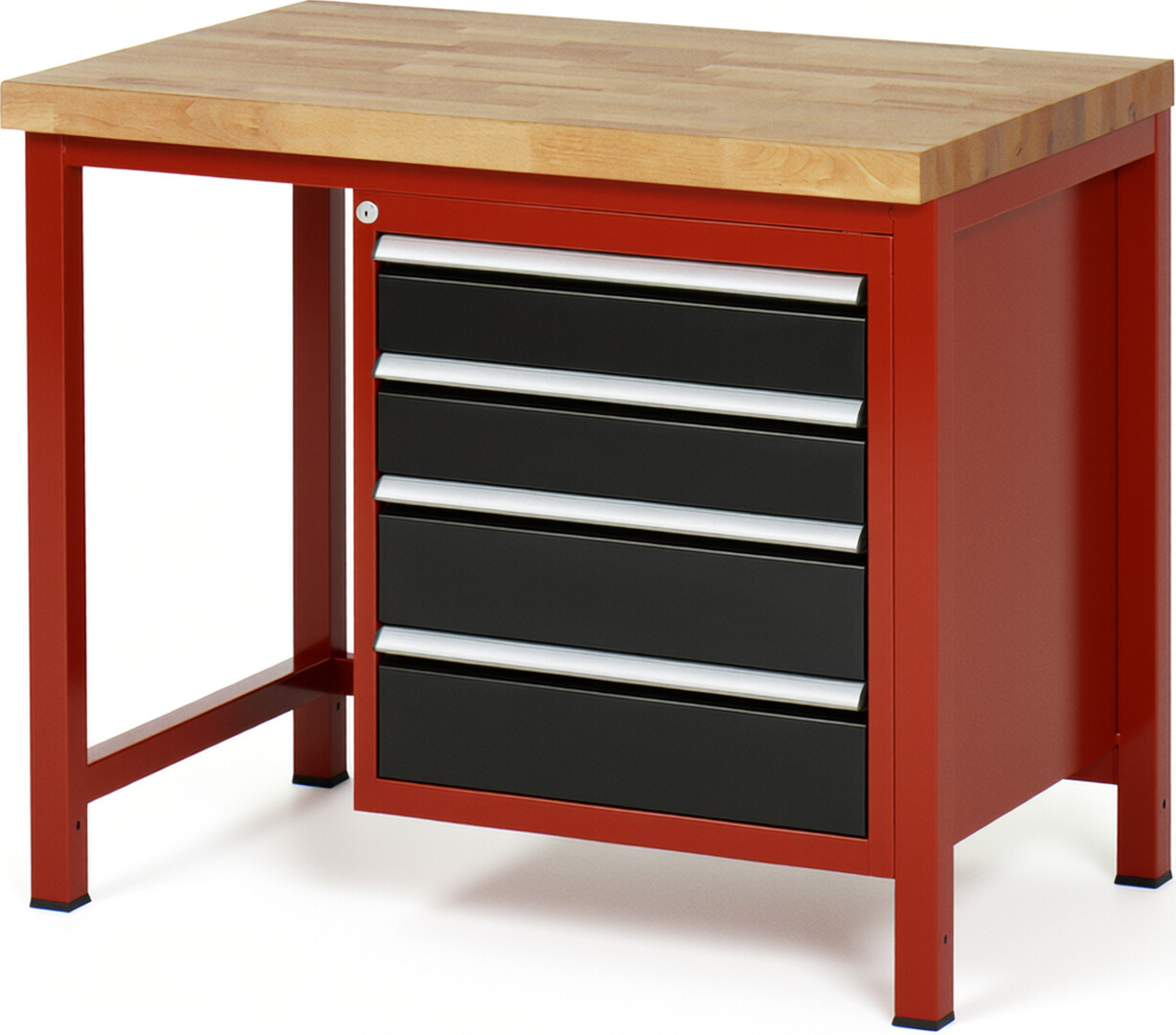 Werkbank Modell 8162 rot - schwarz, BxTxH 1000x700x840-1040 mm,  Buche-Massiv Arbeitsplatte 40 mm,  4 Schubladen mit  Auszug 90 %