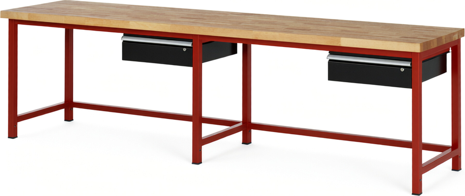 Werkbank Modell 8001 rot - schwarz, BxTxH 3000x700x840 mm,  Buche-Massiv Arbeitsplatte 40 mm,  2 Schubladen mit  Auszug 90 %