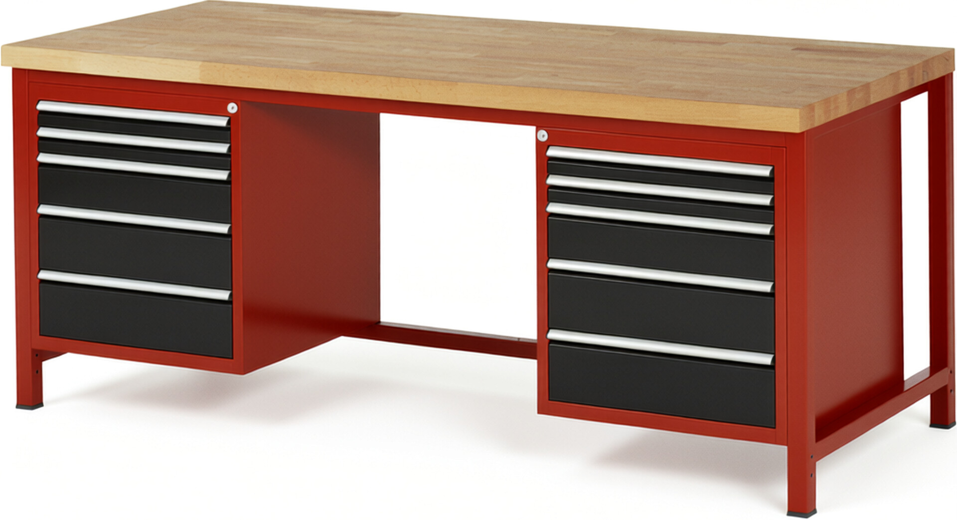 Werkbank Modell 8184 rot - schwarz, BxTxH 2000x900x840 mm,  Buche-Massiv Arbeitsplatte 40 mm,  10 Schubladen mit  Auszug 90 %