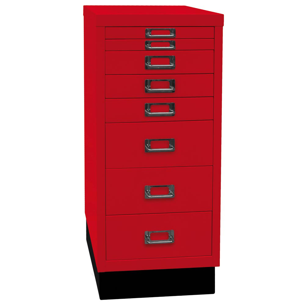 Schubladenschrank aus Stahl, BxTxH 279x380x670 mm, 8 Schubladen 2x25, 3x51, 3x102 mm, DIN A4, Sockel 80 mm hoch, kardinalrot