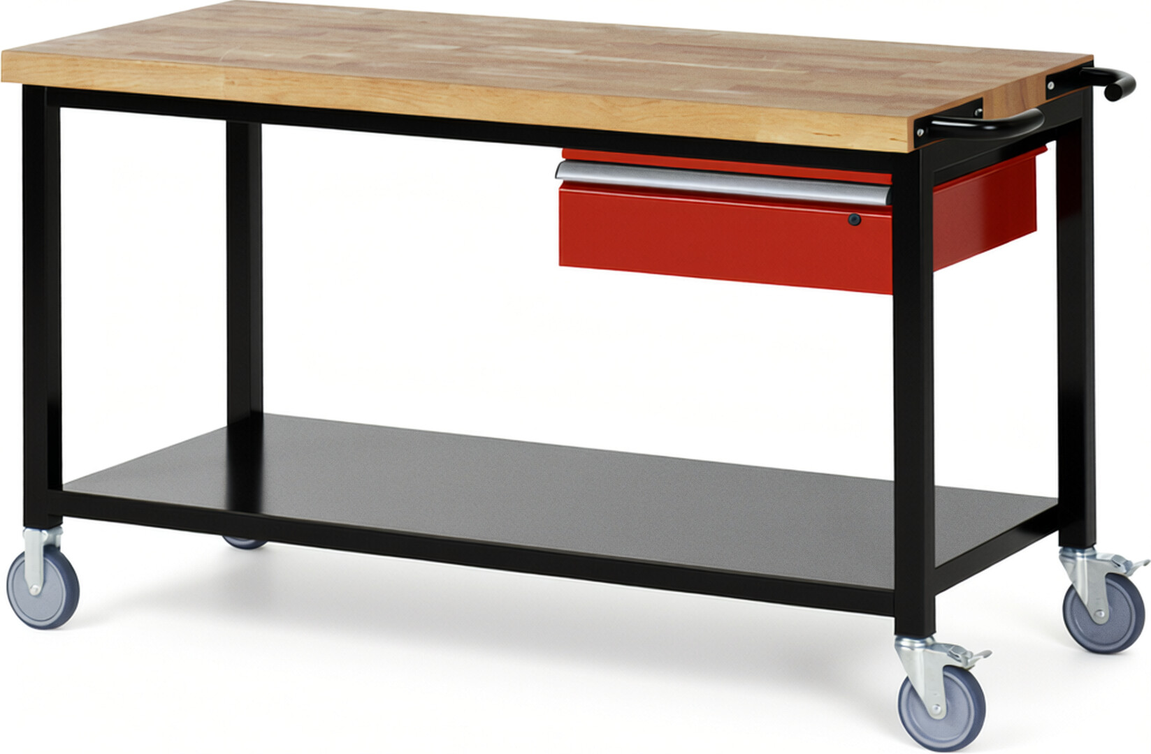 RAU Werkbank schwarz - rot - Breite 150 cm - Tiefe 70 cm - Höhe 108 cm - Buche-Massiv Arbeitsplatte 40 mm