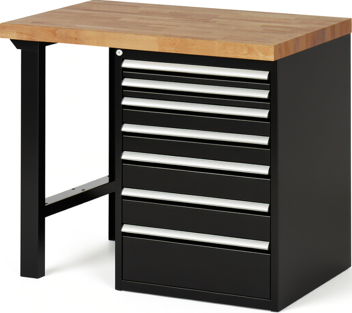 Werkbank Modell 7517 schwarz, BxTxH 1000x700x890 mm,  Buche-Massiv Arbeitsplatte 40 mm,  7 Schubladen mit  Vollauszug 100 % und  SoftClosing