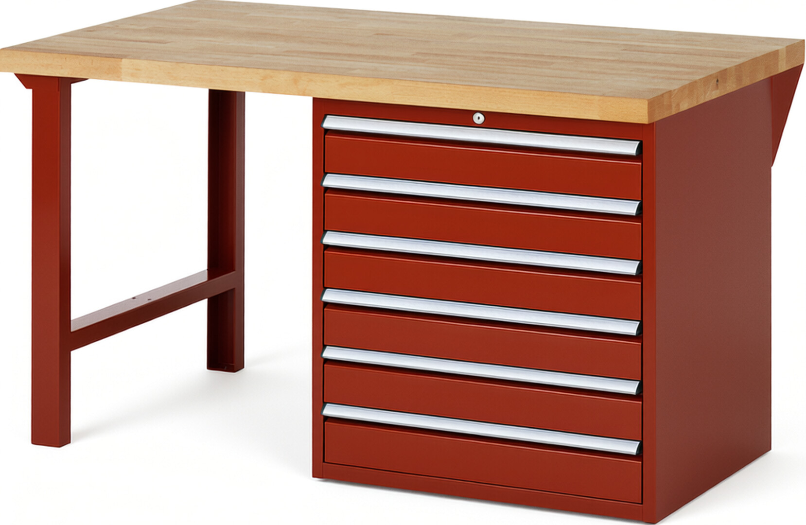 Werkbank Modell 7616 rot, BxTxH 1500x900x840 mm,  Buche-Massiv Arbeitsplatte 40 mm,  6 Schubladen mit  Auszug 90 %