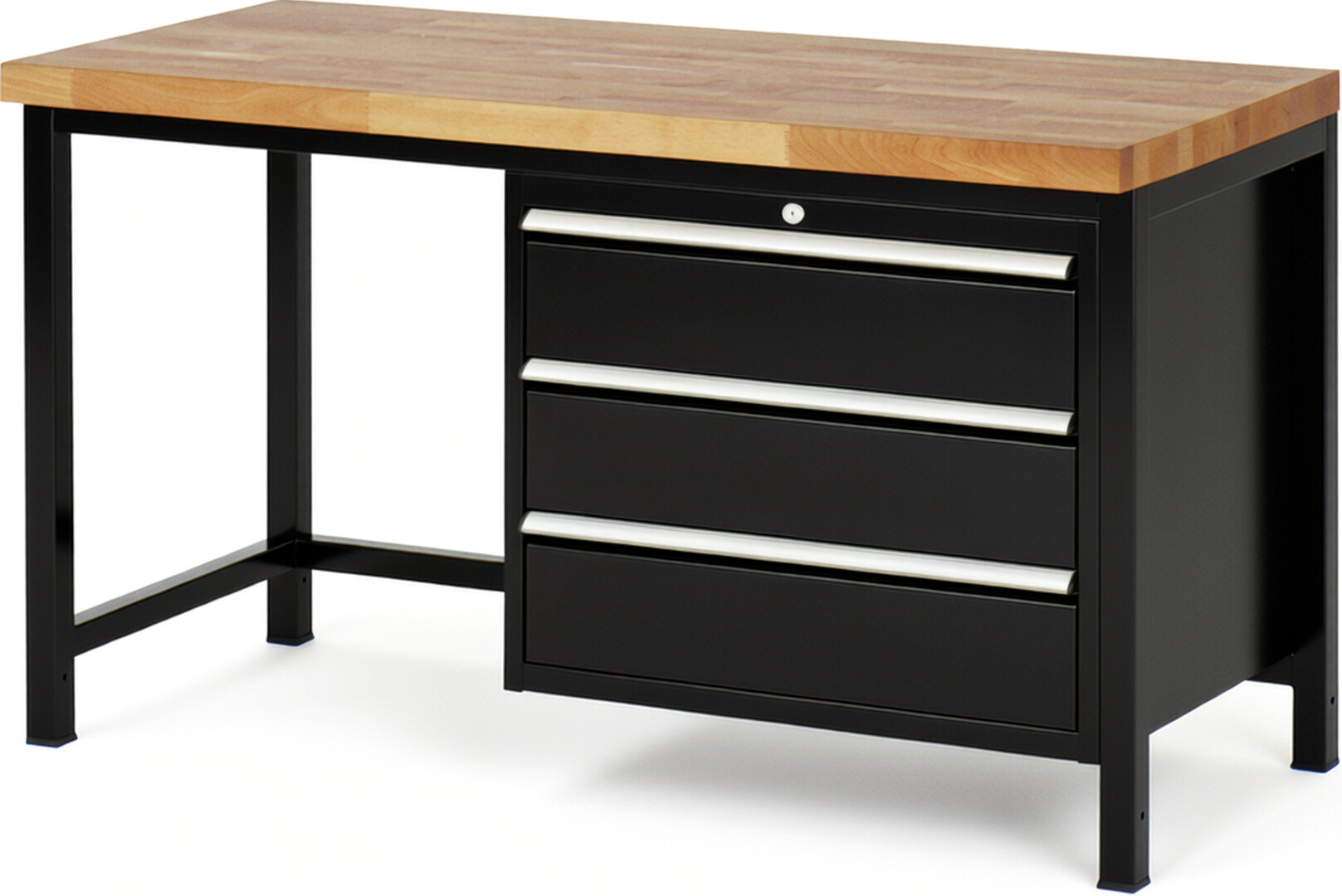 Werkbank Modell 8257 schwarz, BxTxH 1500x700x840 mm,  Buche-Massiv Arbeitsplatte 40 mm,  3 Schubladen mit  Vollauszug 100 % und  SoftClosing