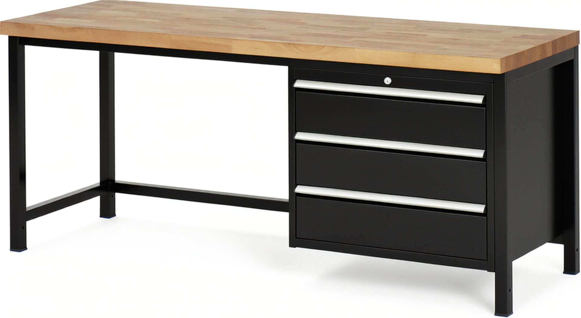 Werkbank Modell 8257 schwarz, BxTxH 2000x700x840-1040 mm,  Buche-Massiv Arbeitsplatte 40 mm,  3 Schubladen mit  Vollauszug 100 % und  SoftClosing