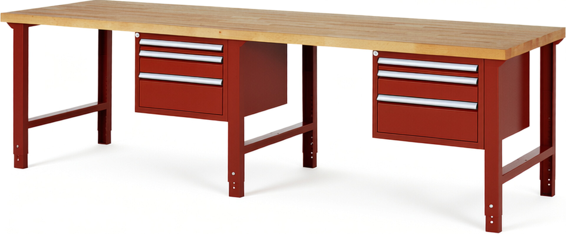 Werkbank Modell 7126 rot, BxTxH 3000x900x790-1140 mm,  Buche-Massiv Arbeitsplatte 40 mm,  6 Schubladen mit  Vollauszug 100 % und  SoftClosing