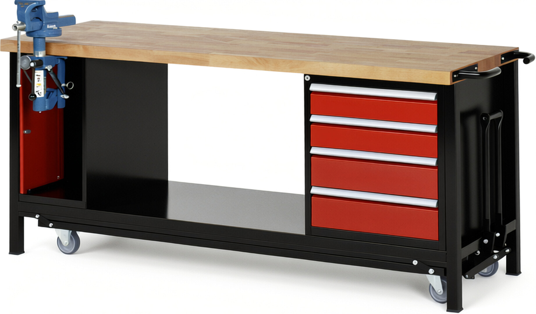 RAU Werkbank schwarz - rot - Breite 200 cm - Tiefe 70 cm - Höhe 88 cm - Buche-Massiv Arbeitsplatte 40 mm