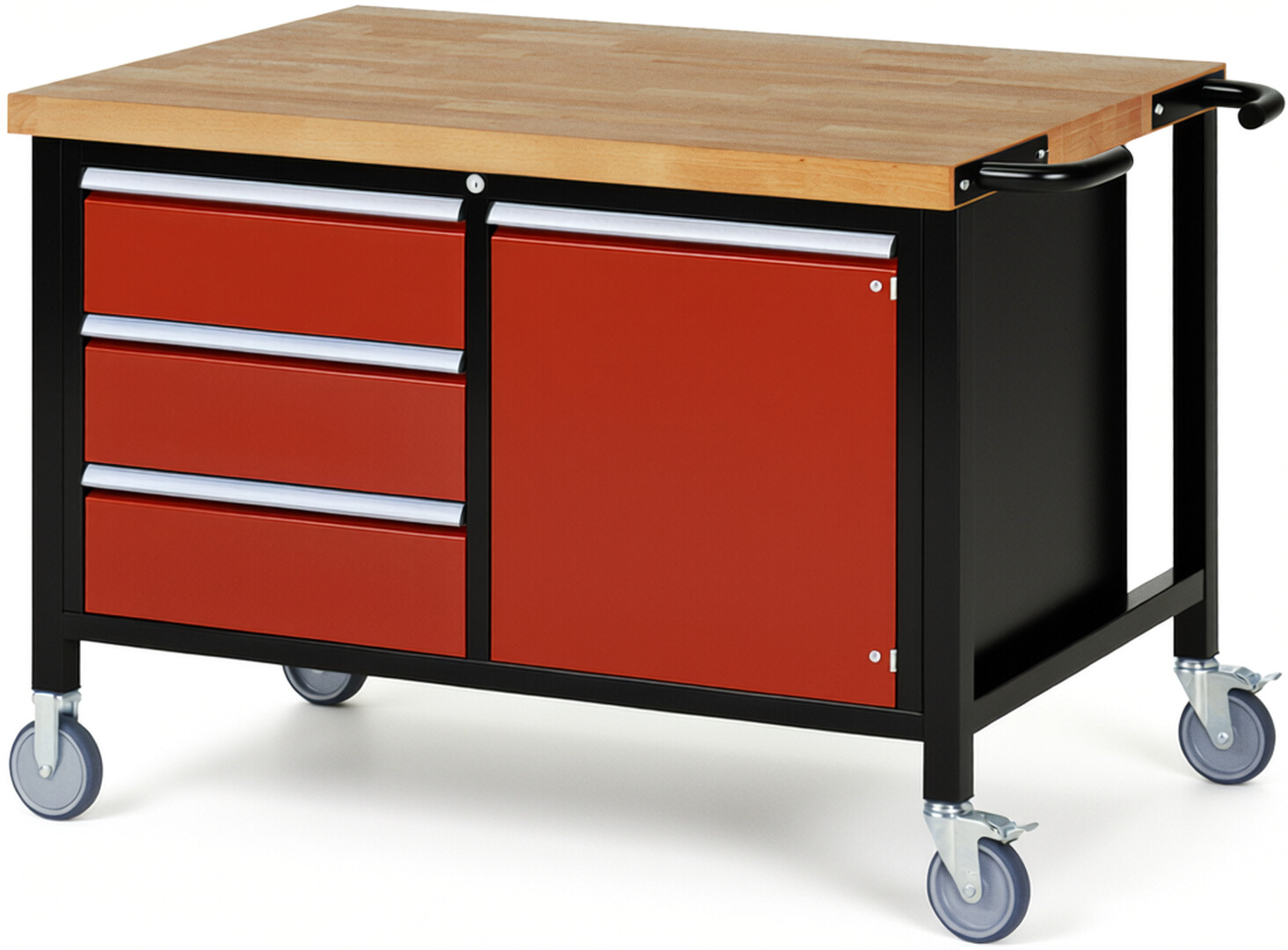RAU Werkbank schwarz - rot - Breite 125 cm - Tiefe 90 cm - Höhe 108 cm - Buche-Massiv Arbeitsplatte 40 mm
