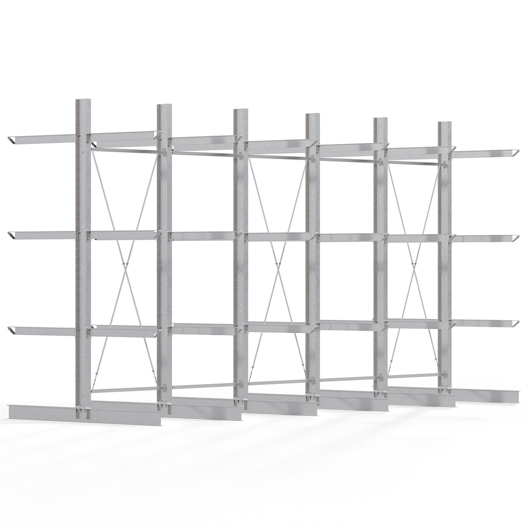 Kragarmregal KARL heavy - feuerverzinkt - Breite: 750 cm - Höhe: 400 cm - Tiefe: 120 cm - Traglast je Kragarm: 800 kg - beidseitig