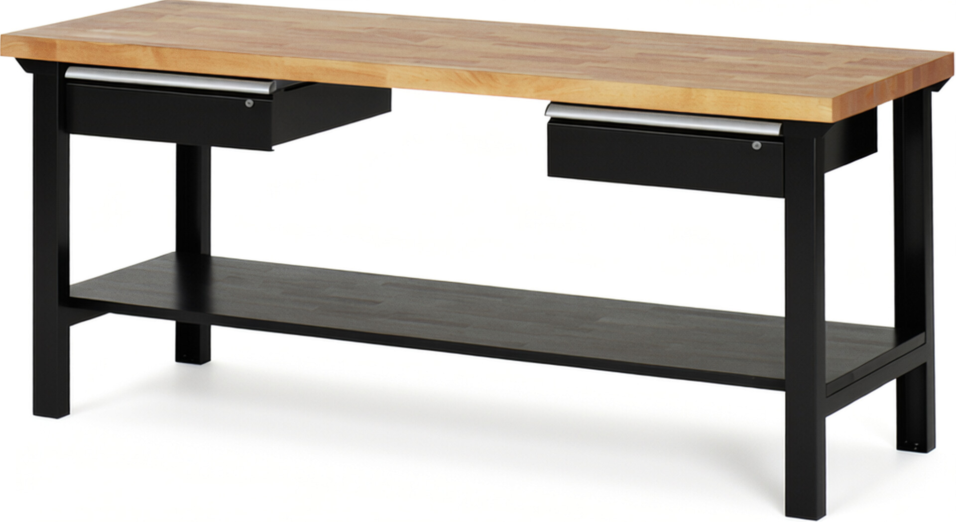 Werkbank Modell 7002 schwarz, BxTxH 2000x700x840 mm,  Buche-Massiv Arbeitsplatte 40 mm,  2 Schubladen mit  Auszug 90 %