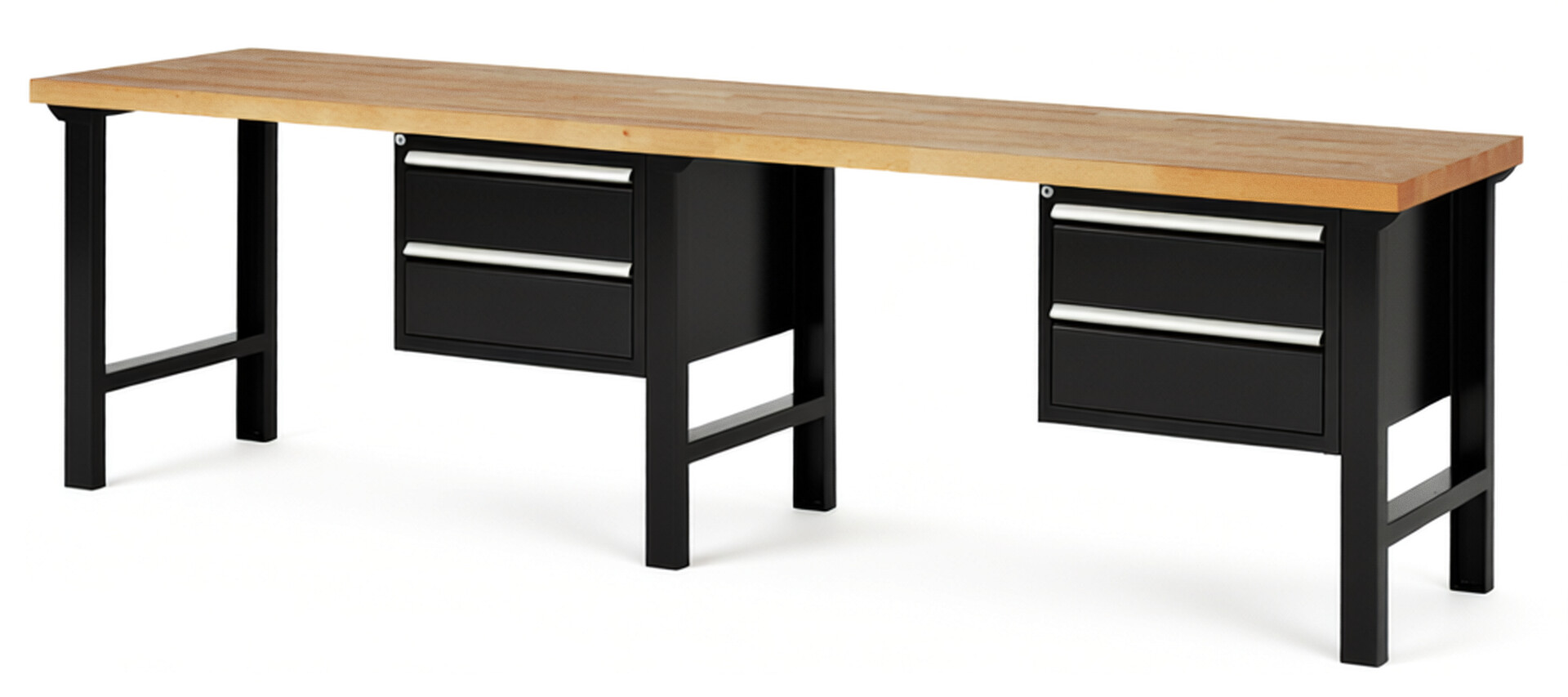 Werkbank Modell 7125 schwarz, BxTxH 3000x700x840 mm,  Buche-Massiv Arbeitsplatte 40 mm,  4 Schubladen mit  Vollauszug 100 % und  SoftClosing