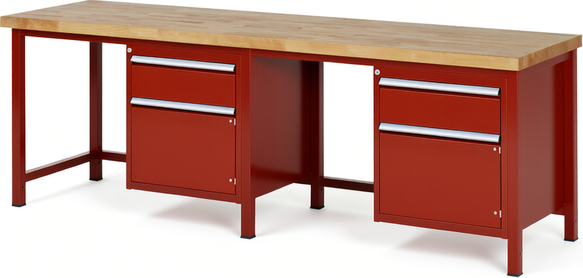 Werkbank Modell 8152 rot, BxTxH 2500x700x840 mm,  Buche-Massiv Arbeitsplatte 40 mm,  2 Schubladen mit  Auszug 90 %