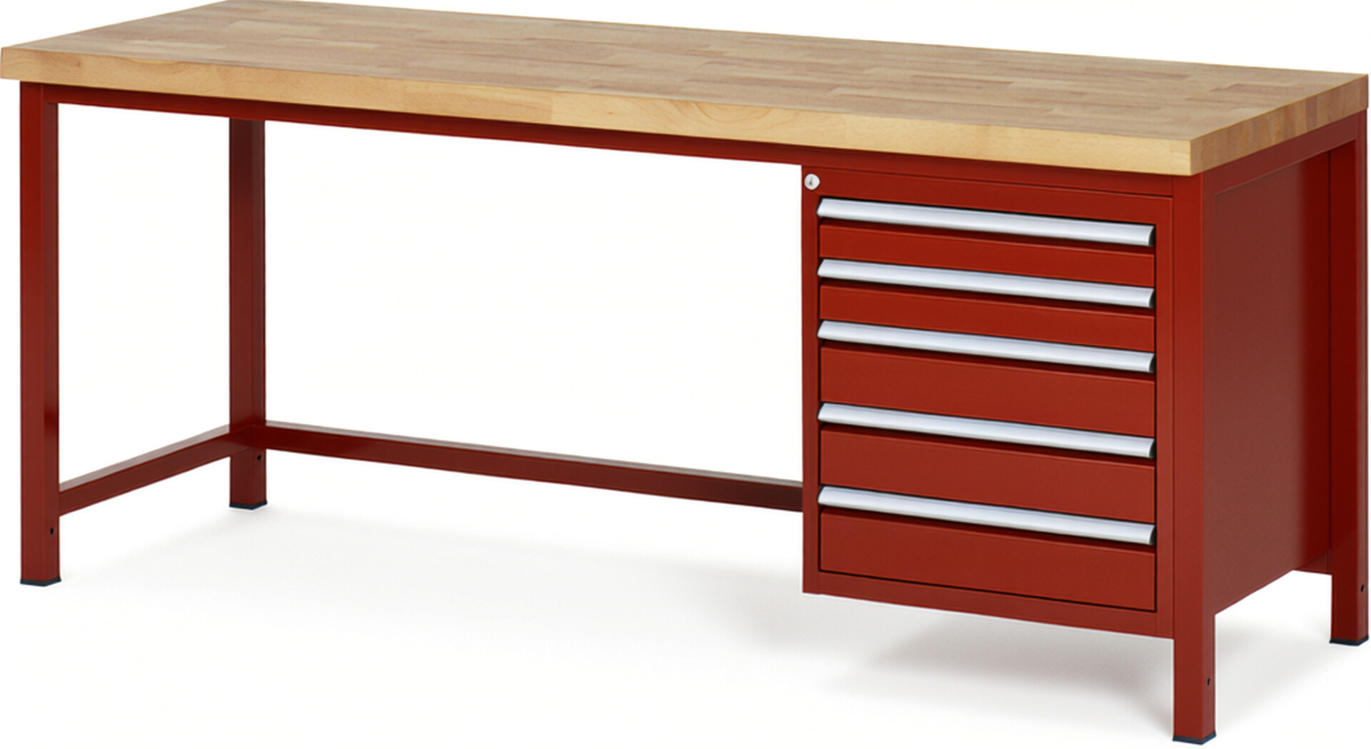 Werkbank Modell 8171 rot, BxTxH 2000x700x840-1040 mm,  Buche-Massiv Arbeitsplatte 40 mm,  5 Schubladen mit  Auszug 90 %