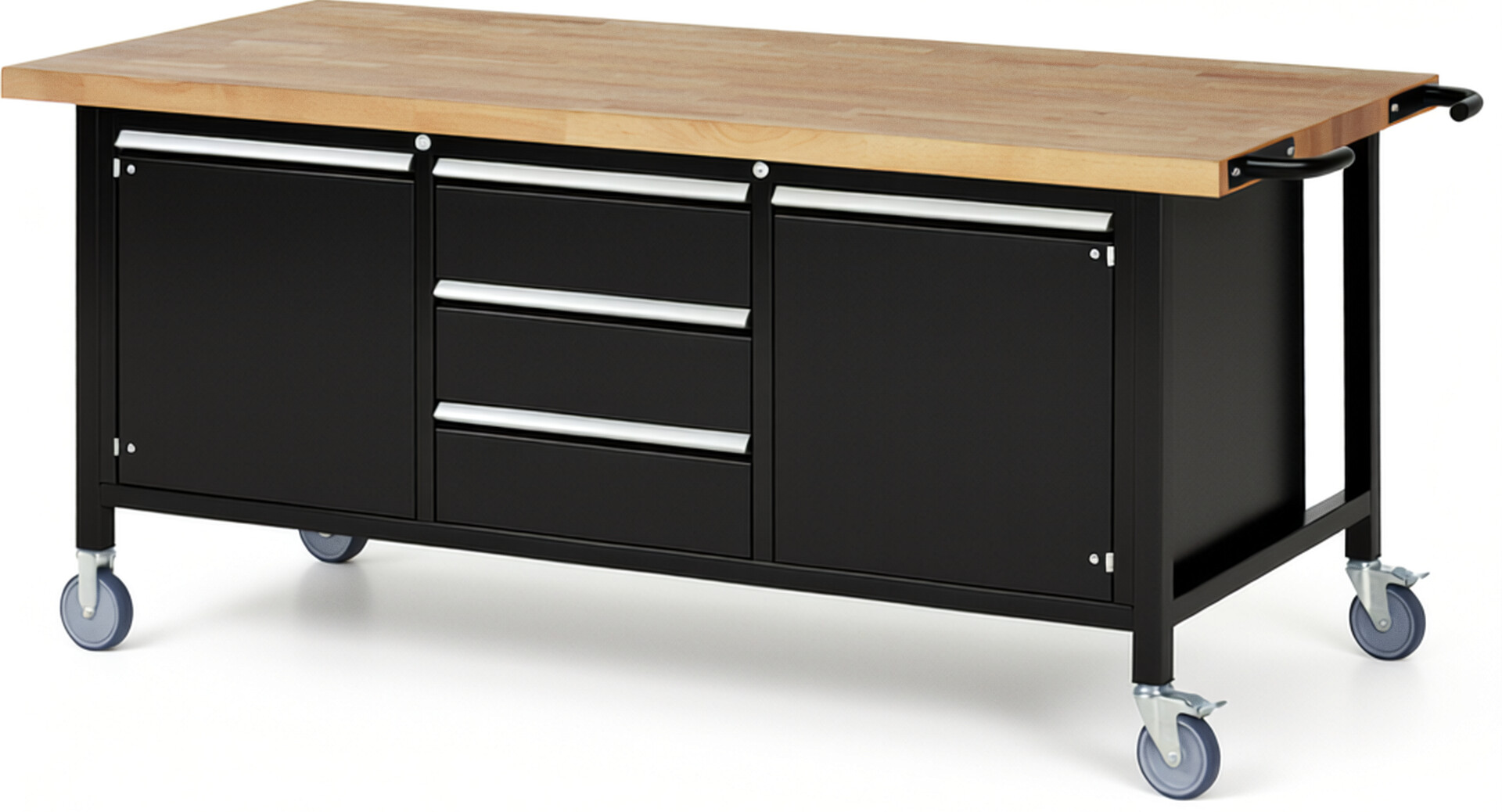 Fahrbare Werkbank Modell 8569 schwarz, BxTxH 2000x900x880 mm,  Buche-Massiv Arbeitsplatte 40 mm,  3 Schubladen mit  Auszug 90 %