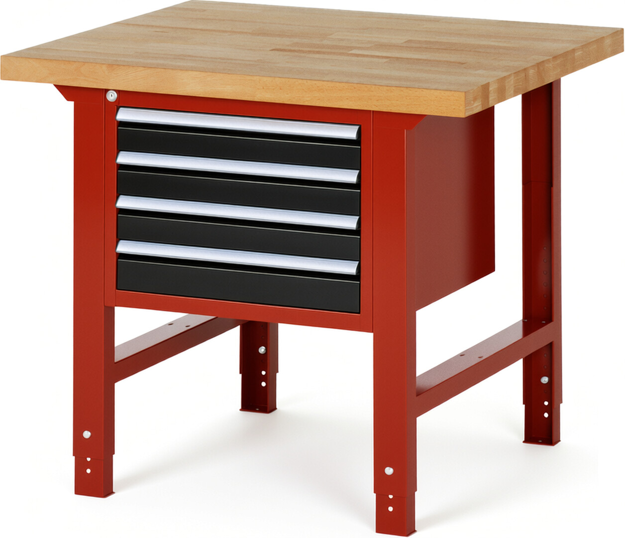 Werkbank Modell 7133 rot - schwarz, BxTxH 1000x900x790-1140 mm,  Buche-Massiv Arbeitsplatte 40 mm,  4 Schubladen mit  Vollauszug 100 % und  SoftClosing