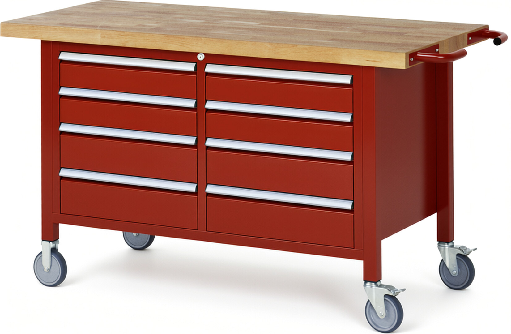 Fahrbare Werkbank Modell 8477 rot, BxTxH 1500x700x880-1080 mm,  Buche-Massiv Arbeitsplatte 40 mm,  8 Schubladen mit  Auszug 90 %