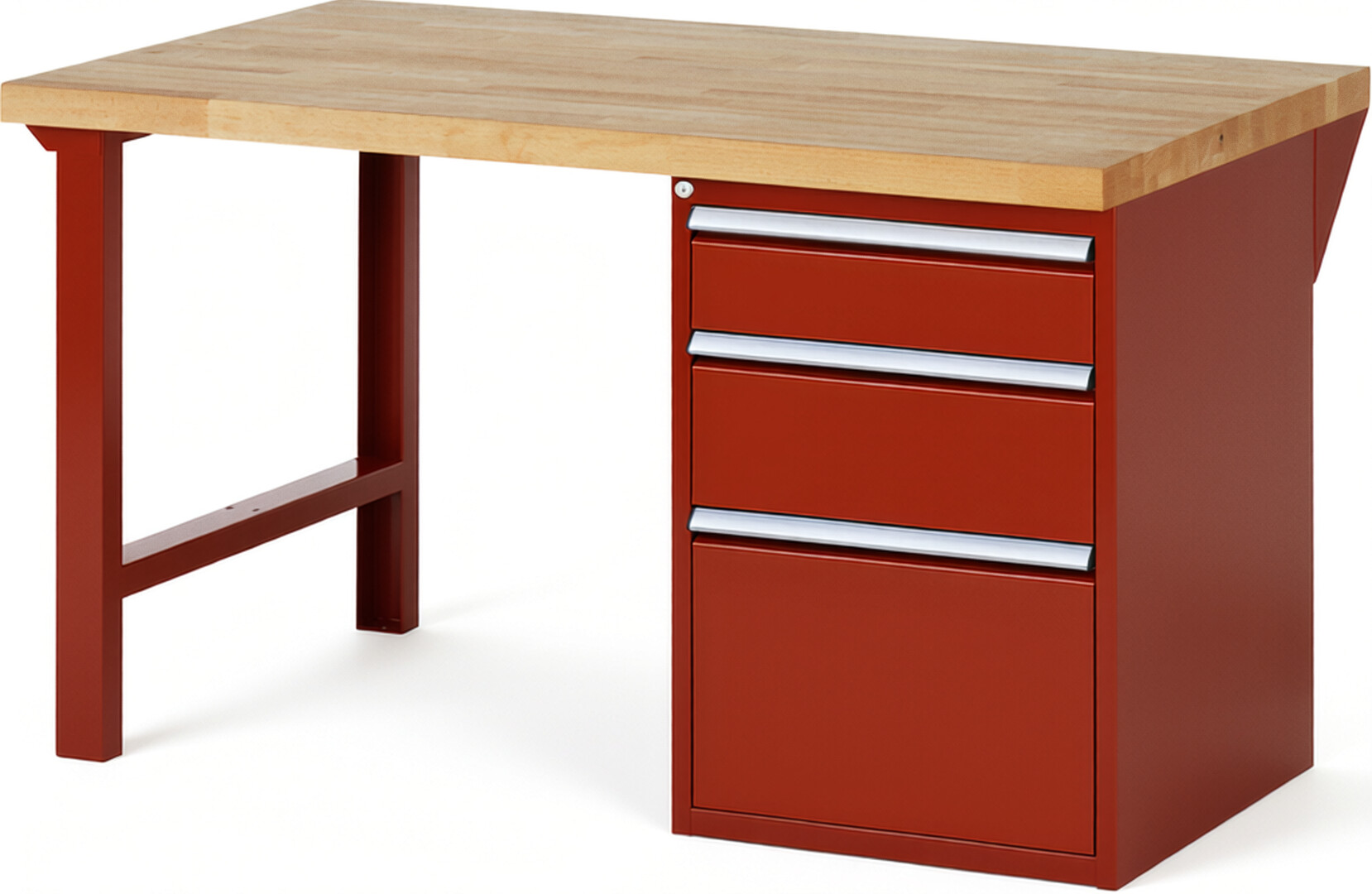 Werkbank Modell 7508 rot, BxTxH 1500x900x890 mm,  Buche-Massiv Arbeitsplatte 40 mm,  3 Schubladen mit  Auszug 90 %
