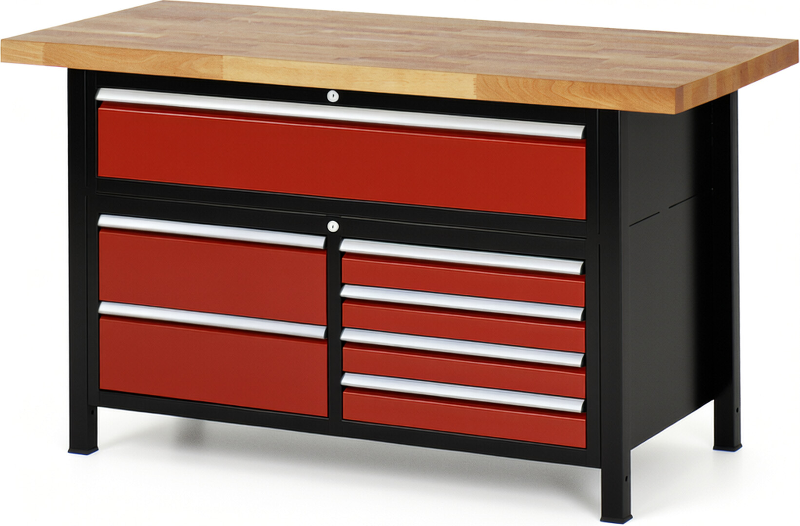 RAU Werkbank schwarz - rot - Breite 150 cm - Tiefe 70 cm - Höhe 104 cm - Buche-Massiv Arbeitsplatte 40 mm