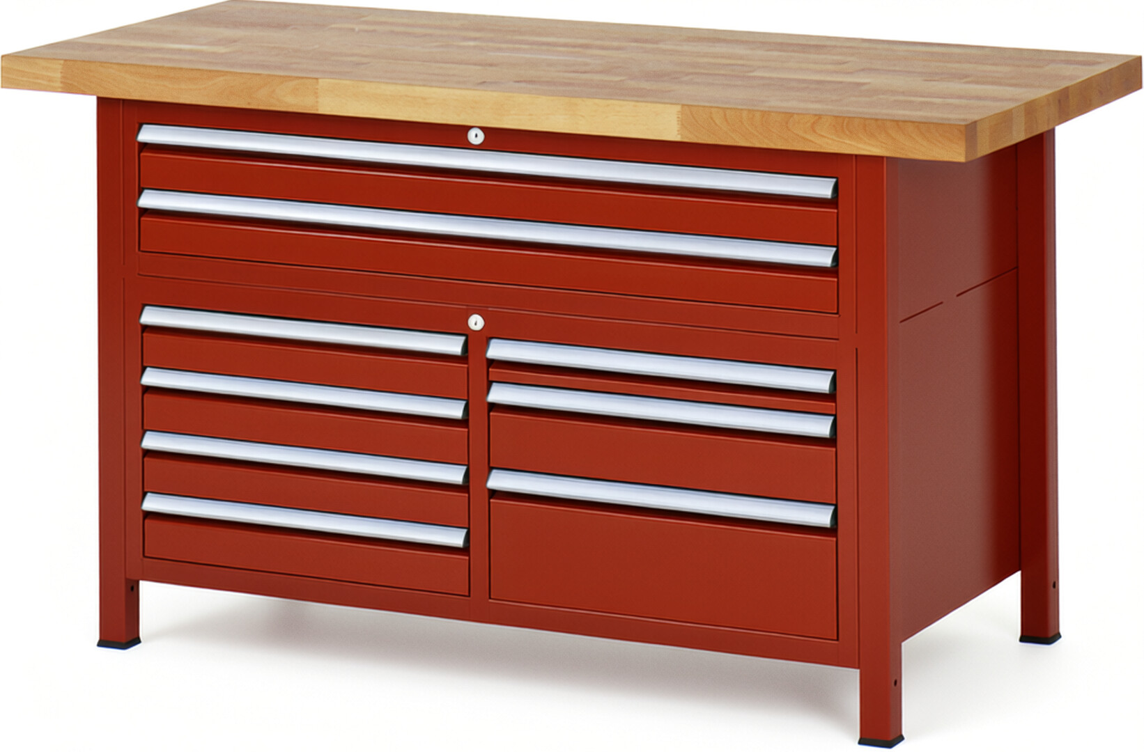 Werkbank Modell 8923 rot, BxTxH 1500x700x840 mm,  Buche-Massiv Arbeitsplatte 40 mm,  9 Schubladen mit  Auszug 90 %