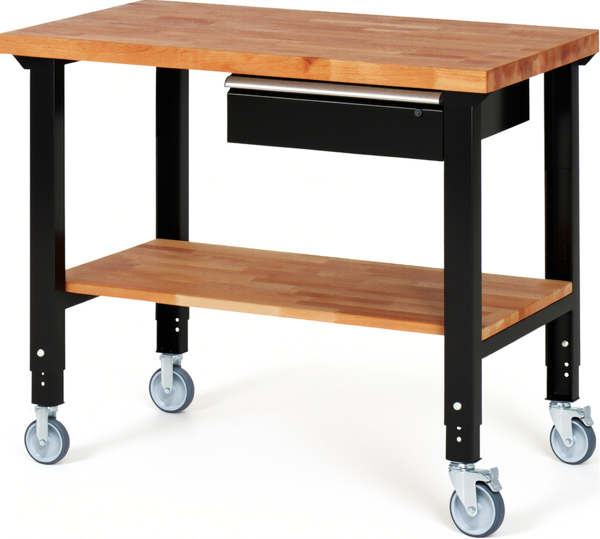 Fahrbare Werkbank Modell 7001 schwarz, BxTxH 1250x700x950-1000 mm,  Buche-Massiv Arbeitsplatte 40 mm,  1 Schublade mit  Auszug 90 %