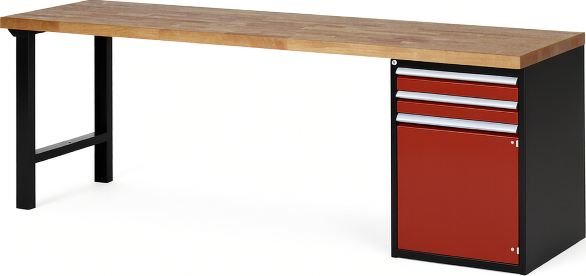 RAU Werkbank schwarz - rot - Breite 250 cm - Tiefe 70 cm - Höhe 89 cm - Buche-Massiv Arbeitsplatte 40 mm