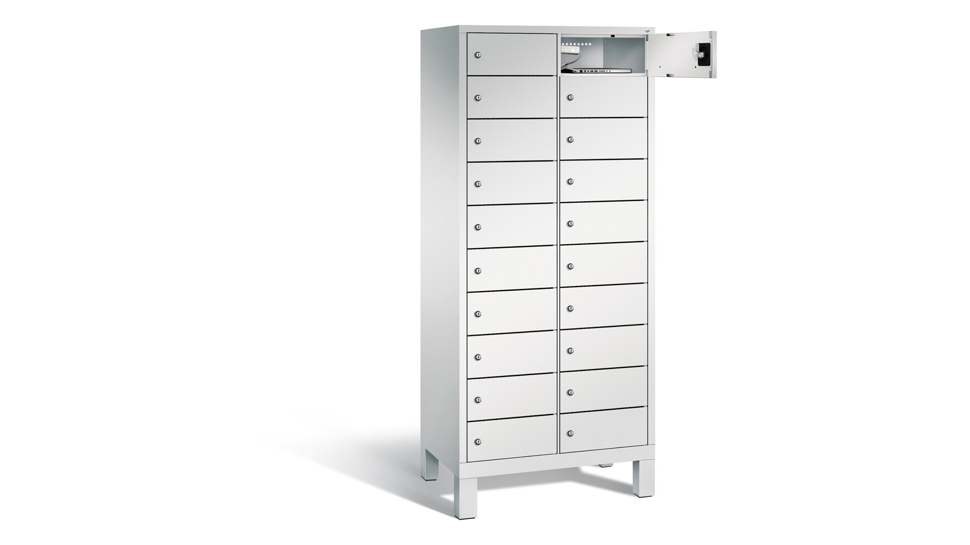 Akku Ladeschrank - Laptopschrank, Tabletschrank, Computerschrank auf Füßen, 20 Fächer mit Zylinderschloss u. Anschlagdämpfer, lichtgrau, 1.850 x 810 x 500 mm (HxBxT)