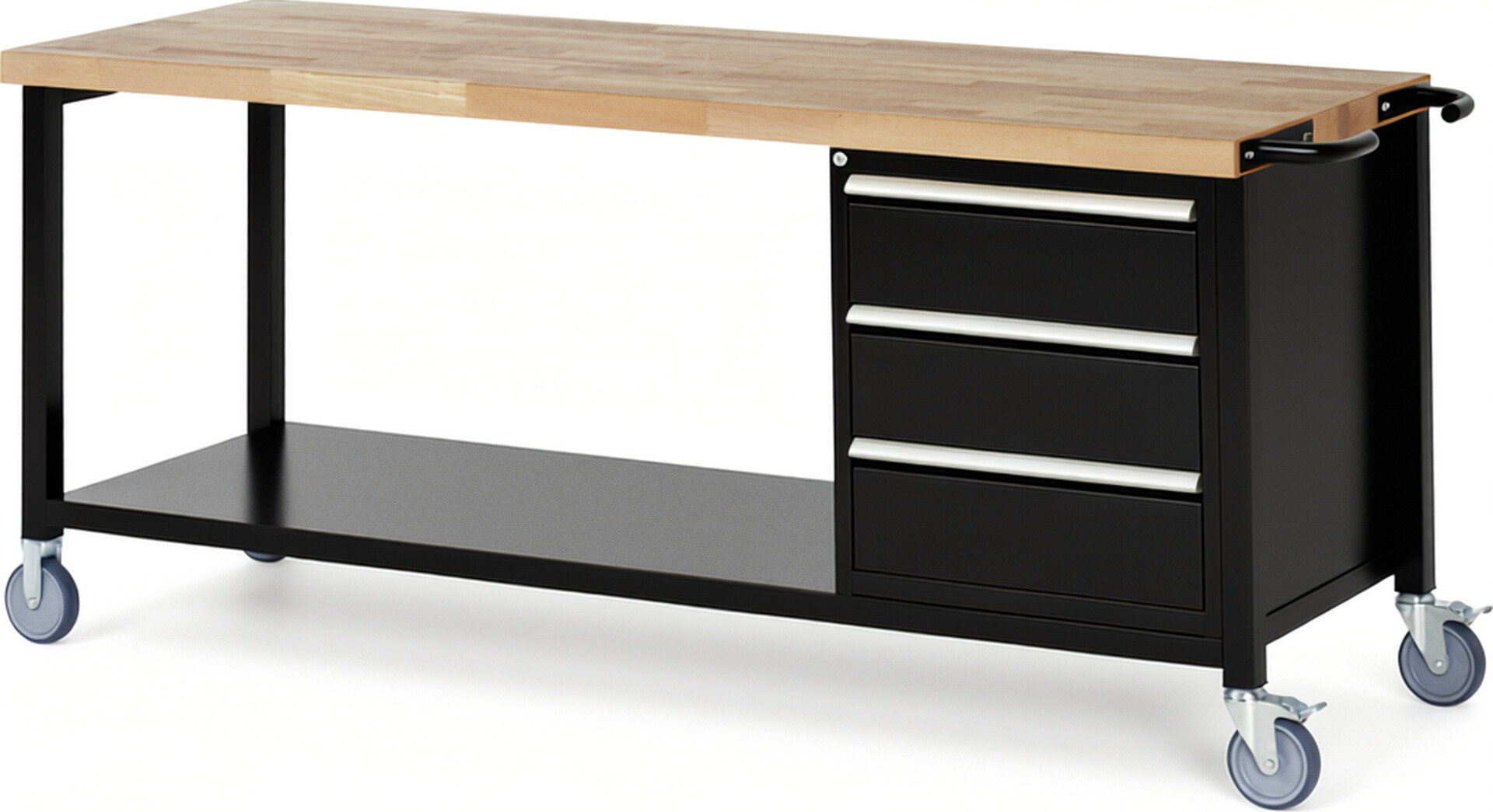 Fahrbare Werkbank Modell 8157 schwarz, BxTxH 2000x700x880 mm,  Buche-Massiv Arbeitsplatte 40 mm,  3 Schubladen mit  Vollauszug 100 % und  SoftClosing