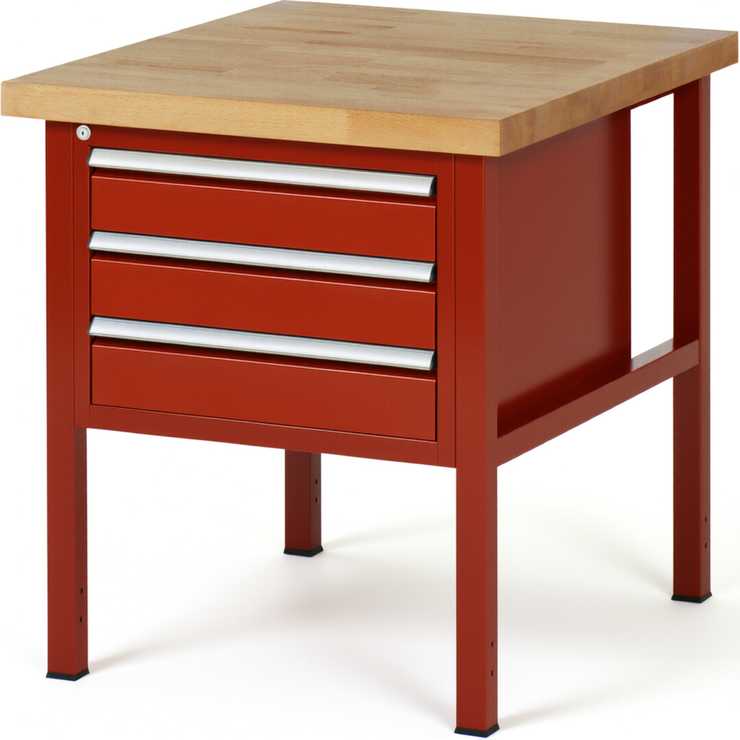 Werkbank Modell 8127 rot, BxTxH 750x900x840-1040 mm,  Buche-Massiv Arbeitsplatte 40 mm,  3 Schubladen mit  Auszug 90 %