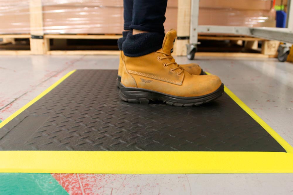 Ergonomische Arbeitsplatzmatte, Bodenschutzmatte, BxT 900x1200 mm, schwarz-gelb