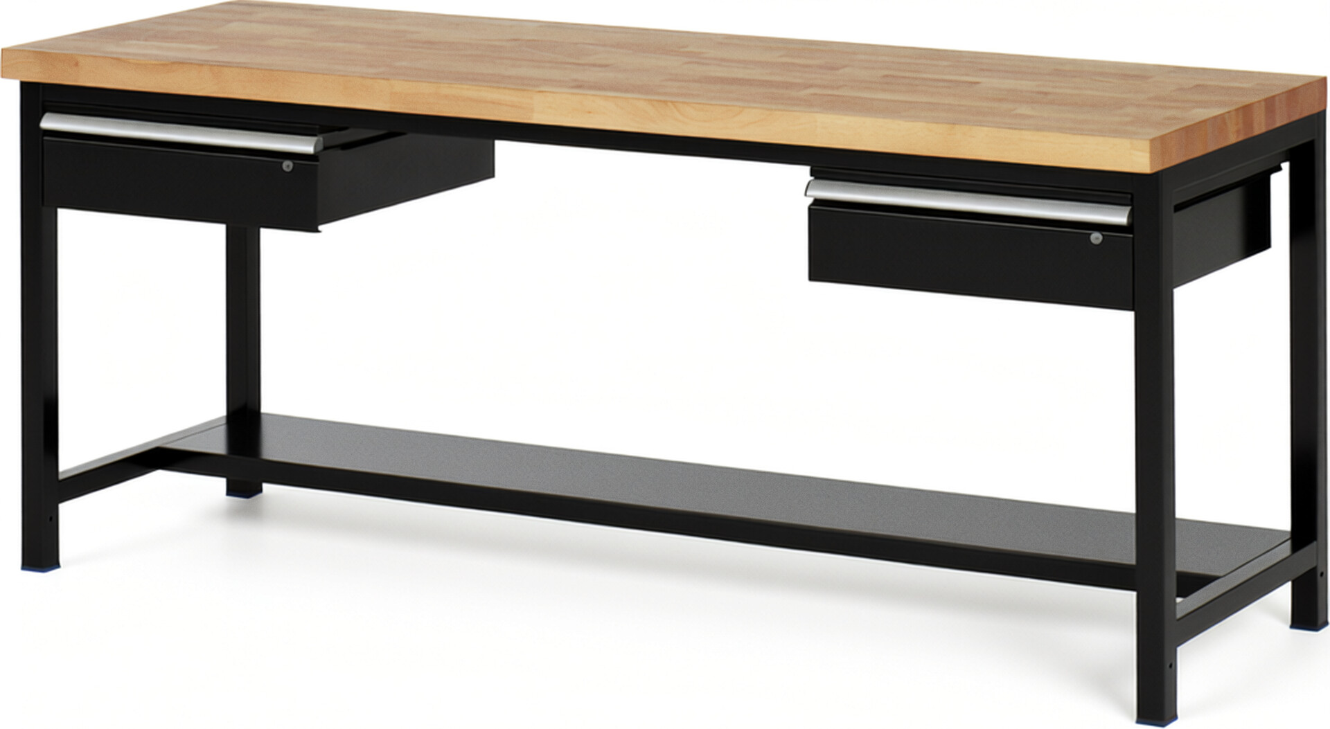 Werkbank Modell 8002 schwarz, BxTxH 2000x700x840-1040 mm,  Buche-Massiv Arbeitsplatte 40 mm,  2 Schubladen mit  Auszug 90 %