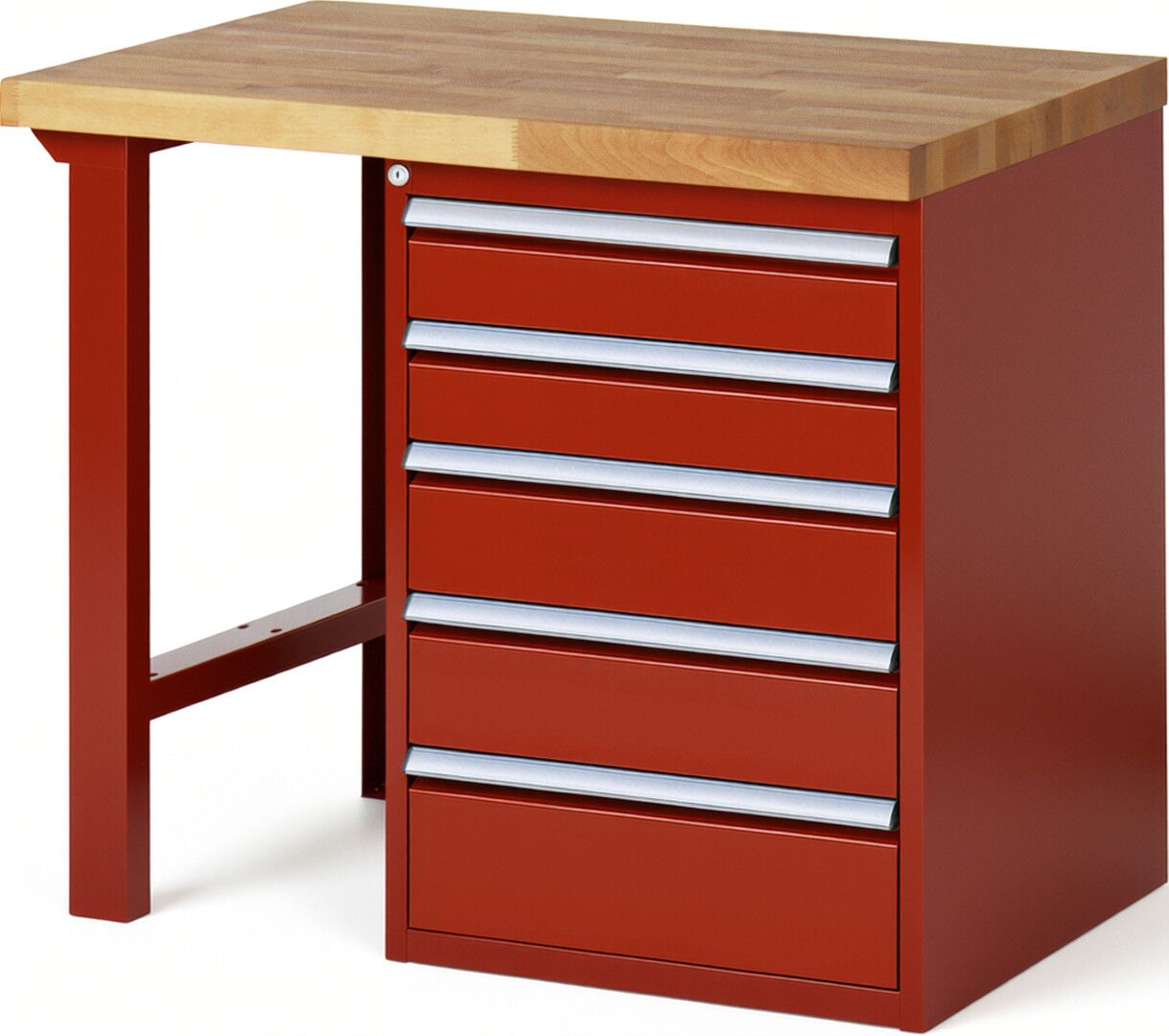 Werkbank Modell 7513 rot, BxTxH 1000x700x840 mm,  Buche-Massiv Arbeitsplatte 40 mm,  5 Schubladen mit  Auszug 90 %