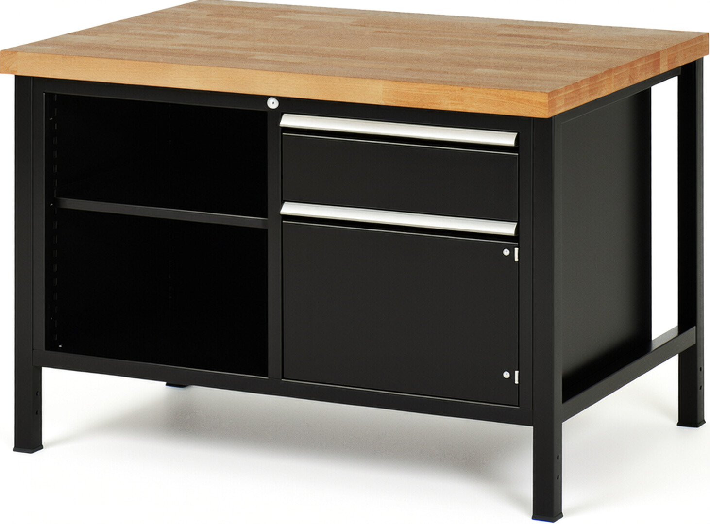 Werkbank Modell 8461 schwarz, BxTxH 1250x900x840 mm,  Buche-Massiv Arbeitsplatte 40 mm,  1 Schublade mit  Vollauszug 100 % und  SoftClosing