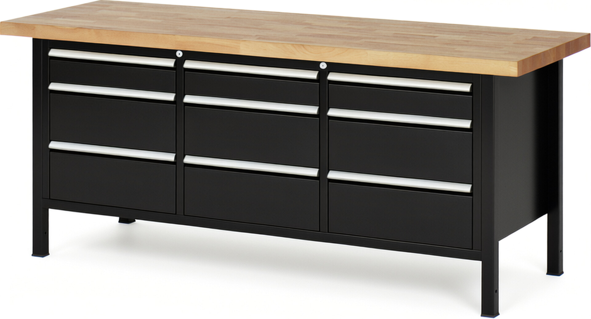 Werkbank Modell 8573 schwarz, BxTxH 2000x700x840 mm,  Buche-Massiv Arbeitsplatte 40 mm,  9 Schubladen mit  Vollauszug 100 % und  SoftClosing