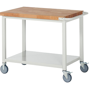 Fahrbare Werkbank, BxTxH 1000x700x880 mm, Ablageboden, Platte Buche 40 mm, RAL 7035
