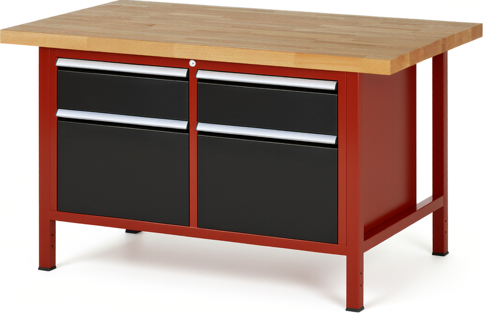 Werkbank Modell 8471 rot - schwarz, BxTxH 1500x900x840 mm,  Buche-Massiv Arbeitsplatte 40 mm,  4 Schubladen mit  Auszug 90 %