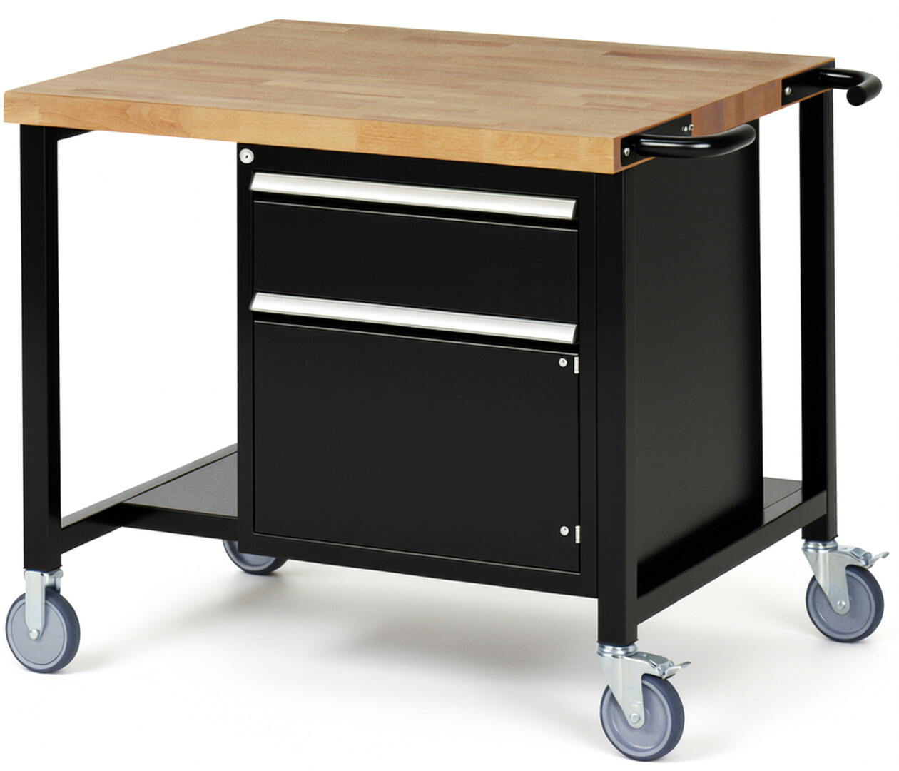 Fahrbare Werkbank Modell 8152 schwarz, BxTxH 1000x900x880 mm,  Buche-Massiv Arbeitsplatte 40 mm,  1 Schublade mit  Vollauszug 100 % und  SoftClosing