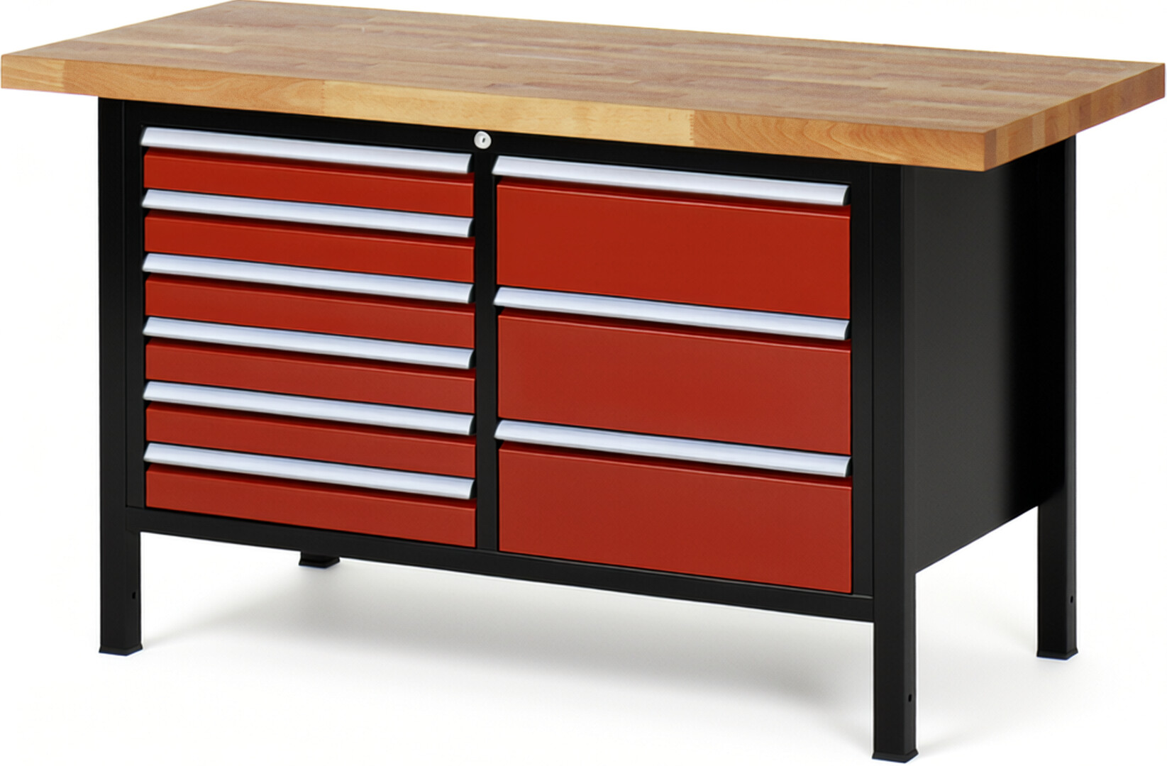 RAU Werkbank schwarz - rot - Breite 150 cm - Tiefe 70 cm - Höhe 104 cm - Buche-Massiv Arbeitsplatte 40 mm