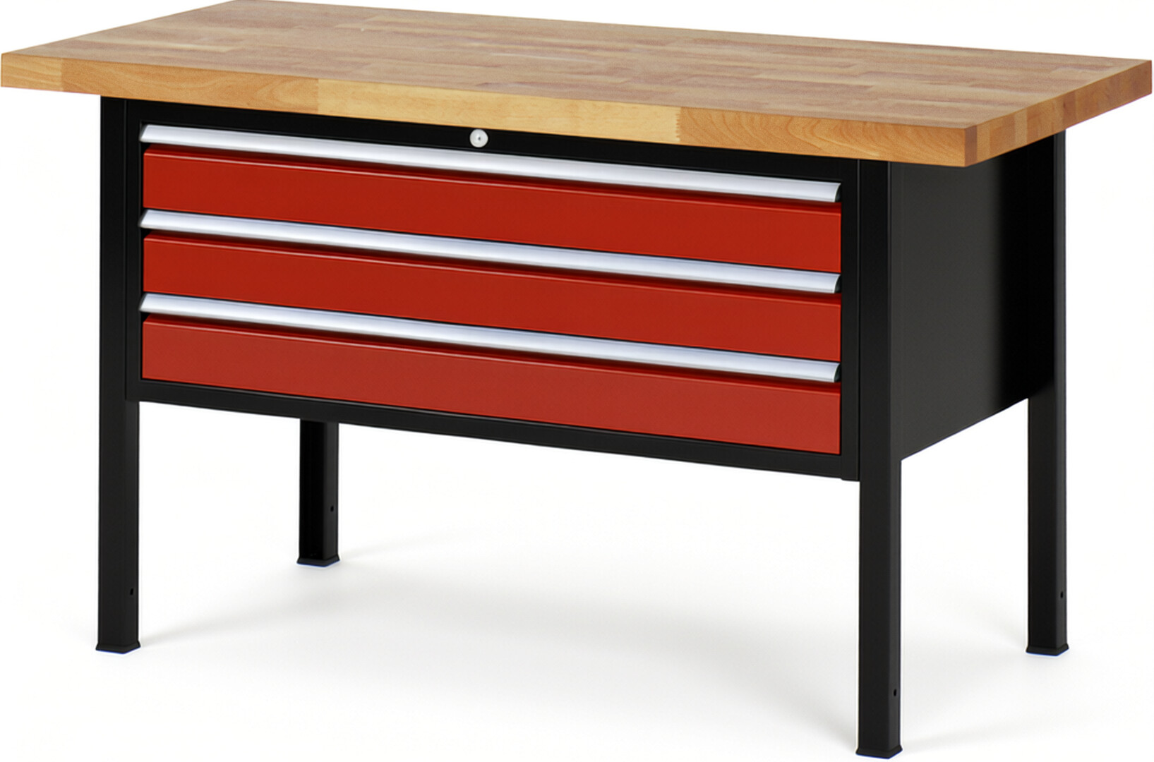 RAU Werkbank schwarz - rot - Breite 150 cm - Tiefe 70 cm - Höhe 104 cm - Buche-Massiv Arbeitsplatte 40 mm