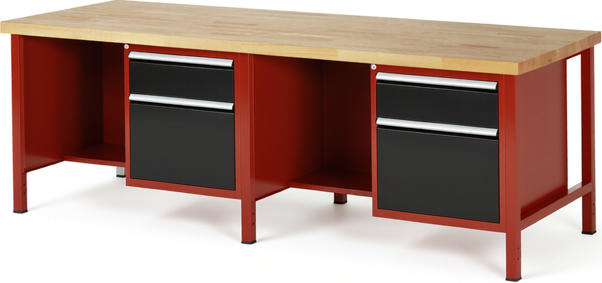 Werkbank Modell 8451 rot - schwarz, BxTxH 2500x900x840 mm,  Buche-Massiv Arbeitsplatte 40 mm,  4 Schubladen mit  Auszug 90 %