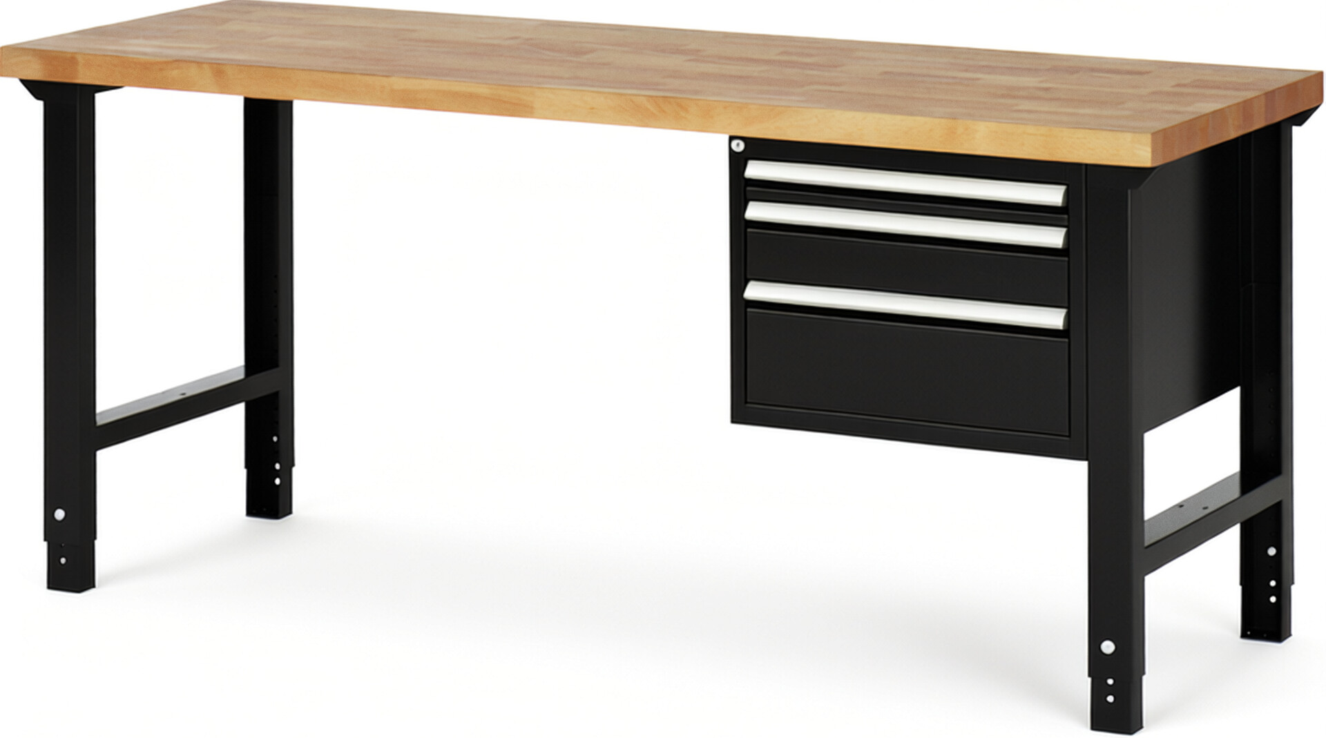 Werkbank Modell 7126 schwarz, BxTxH 2000x700x790-1140 mm,  Buche-Massiv Arbeitsplatte 40 mm,  3 Schubladen mit  Auszug 90 %
