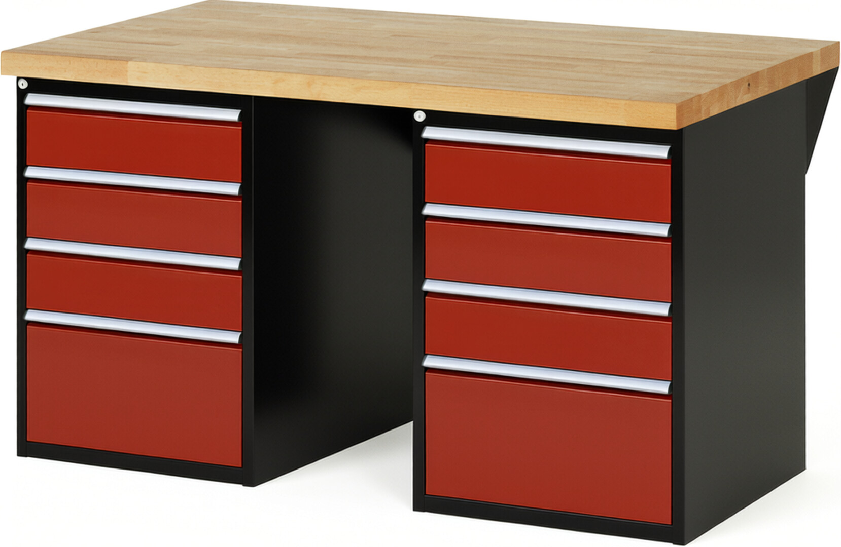 RAU Werkbank schwarz - rot - Breite 150 cm - Tiefe 90 cm - Höhe 89 cm - Buche-Massiv Arbeitsplatte 40 mm