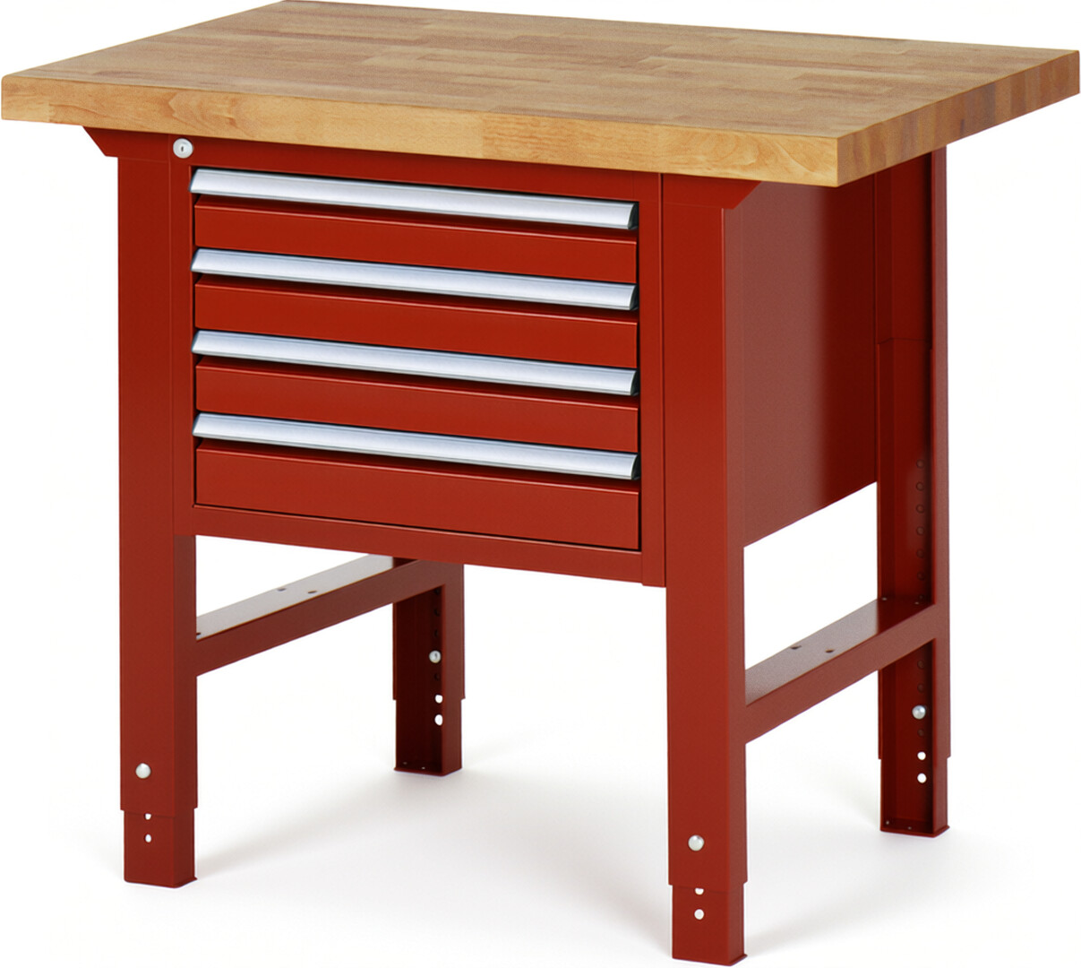 Werkbank Modell 7133 rot, BxTxH 1000x700x790-1140 mm,  Buche-Massiv Arbeitsplatte 40 mm,  4 Schubladen mit  Vollauszug 100 % und  SoftClosing