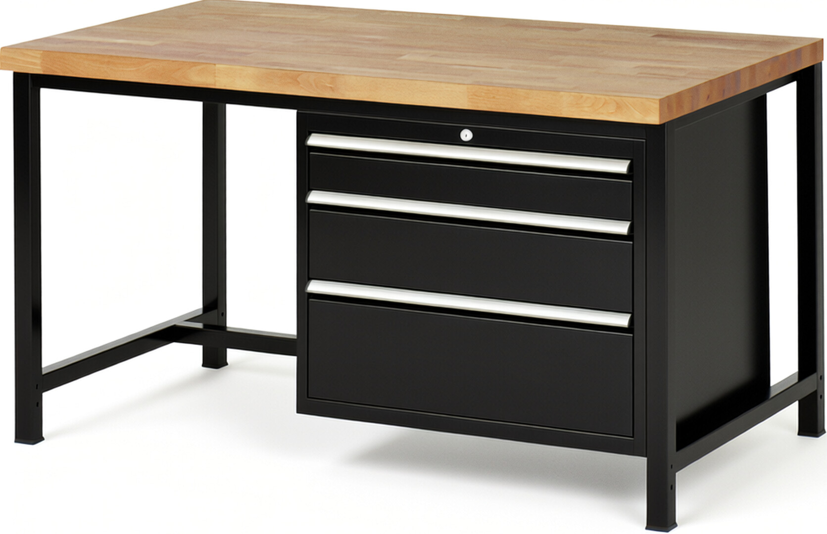 Werkbank Modell 8259 schwarz, BxTxH 1500x900x840 mm,  Buche-Massiv Arbeitsplatte 40 mm,  3 Schubladen mit  Auszug 90 %