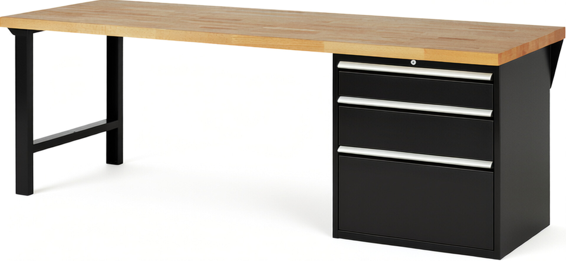 Werkbank Modell 7608 schwarz, BxTxH 2500x900x840 mm,  Buche-Massiv Arbeitsplatte 40 mm,  3 Schubladen mit  Auszug 90 %