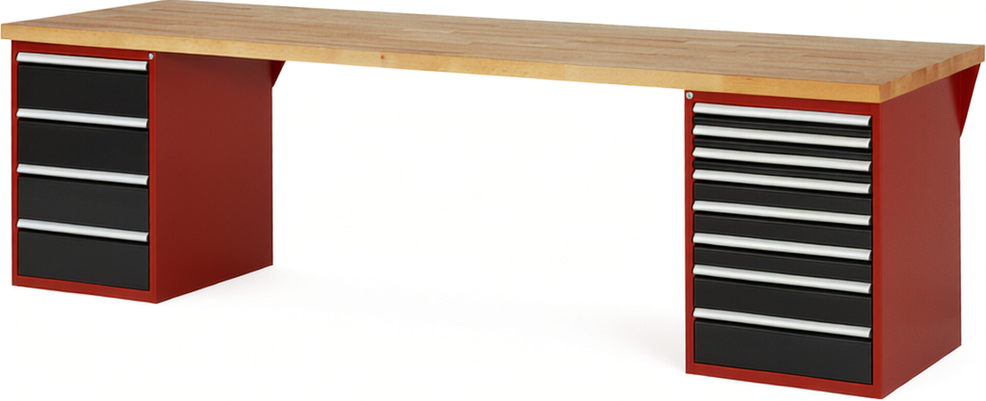 Werkbank Modell 7822 rot - schwarz, BxTxH 3000x900x890 mm,  Buche-Massiv Arbeitsplatte 40 mm,  12 Schubladen mit  Auszug 90 %