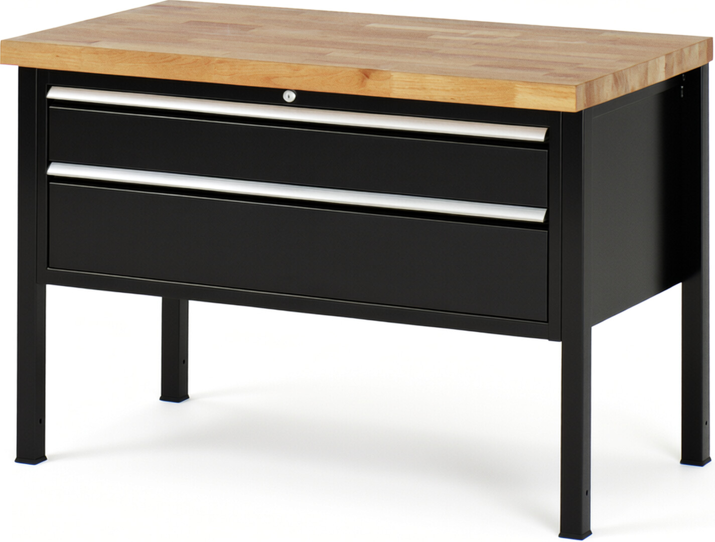 Werkbank Modell 8323 schwarz, BxTxH 1250x700x840-1040 mm,  Buche-Massiv Arbeitsplatte 40 mm,  2 Schubladen mit  Auszug 90 %