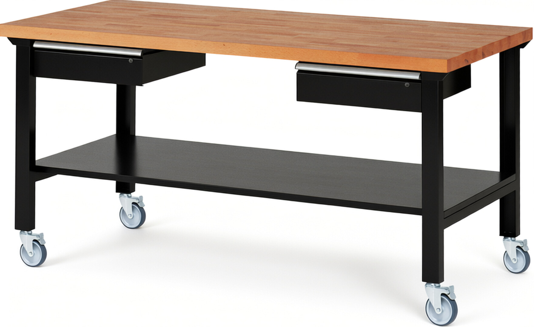 Fahrbare Werkbank Modell 7002 schwarz, BxTxH 2000x900x1000 mm,  Buche-Massiv Arbeitsplatte 40 mm,  2 Schubladen mit  Auszug 90 %