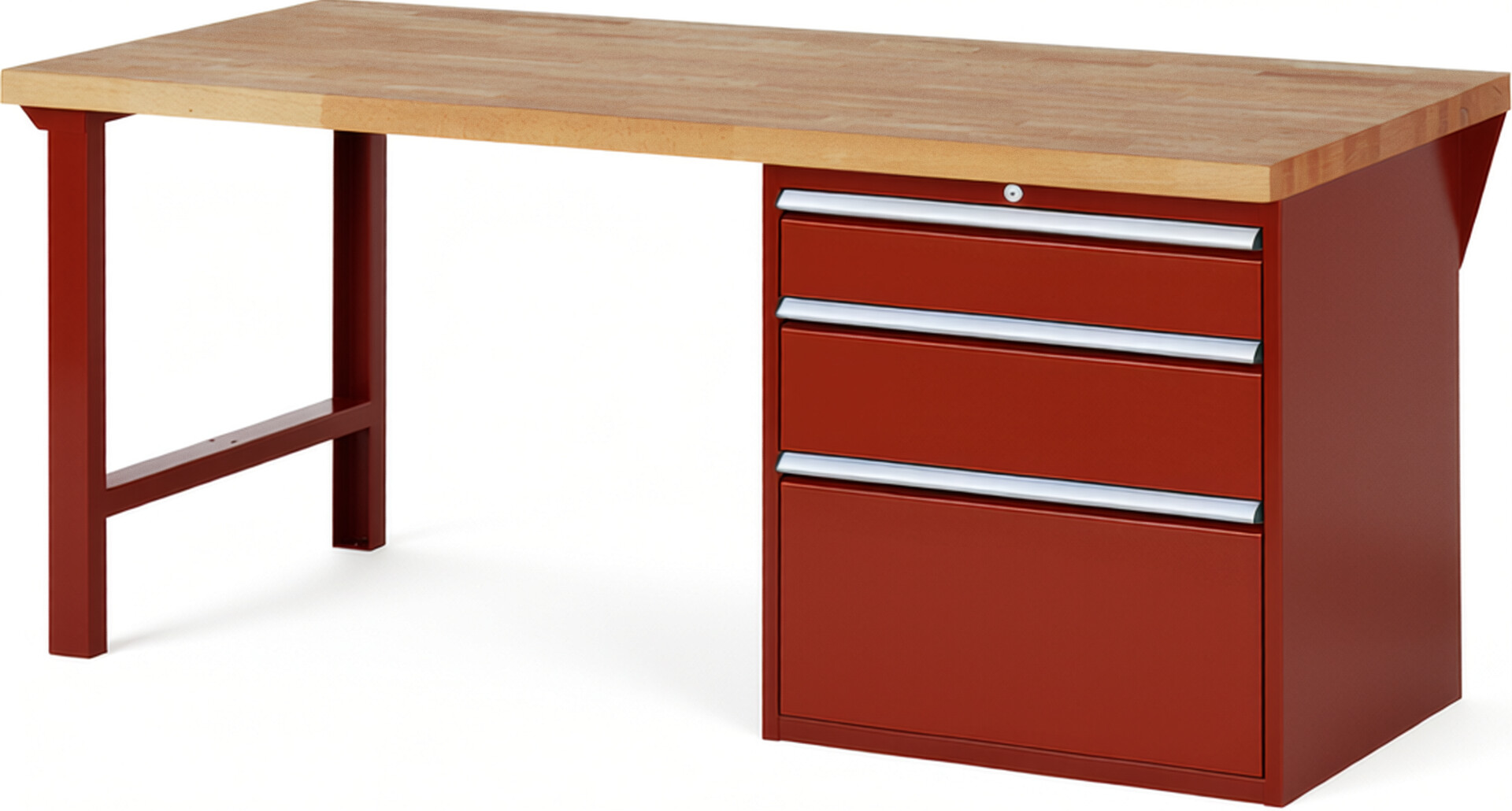 Werkbank Modell 7608 rot, BxTxH 2000x900x890 mm,  Buche-Massiv Arbeitsplatte 40 mm,  3 Schubladen mit  Vollauszug 100 % und  SoftClosing